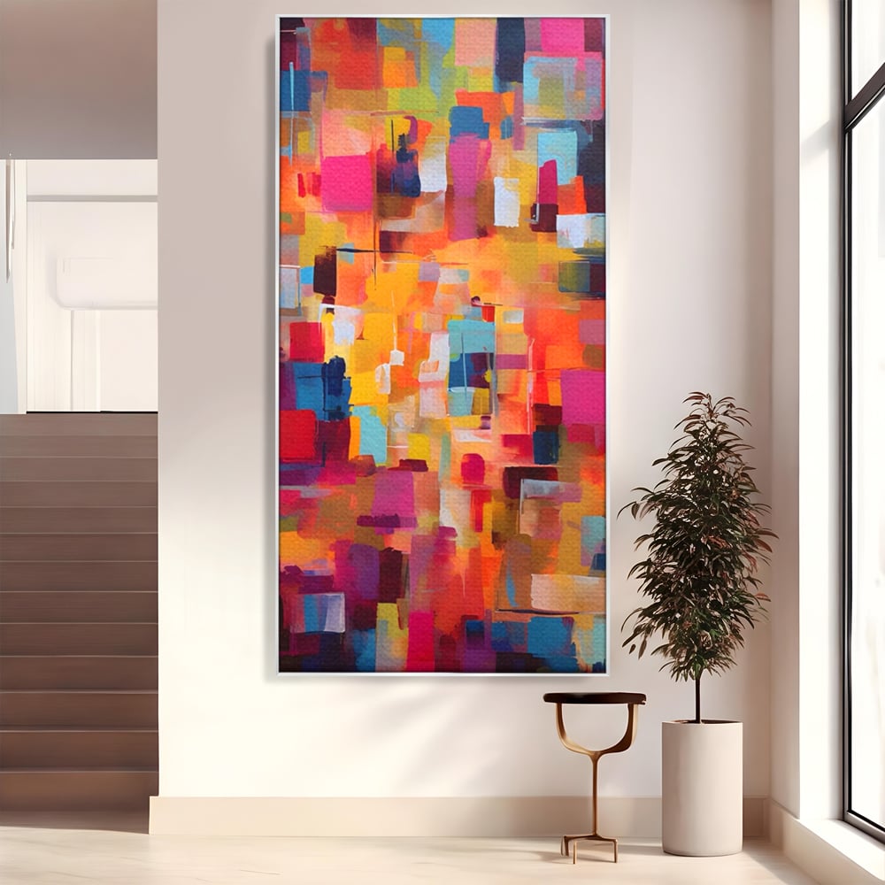 Tablou canvas cu pictura abstracta cu blocuri de culoare, in rama de aluminiu argintiu